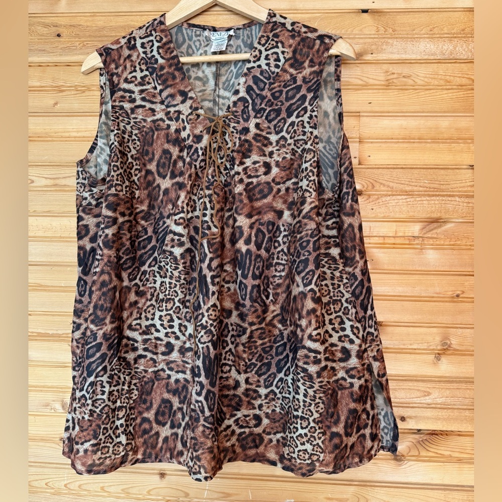 Venicia Vitale Leopard Sleeveless Top VTG Y2K Flowy Leather Lace Women’s Sz 2X